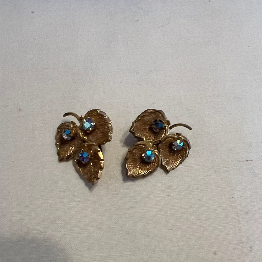 Vintage Gold Leaf Earrings‎ with Blue Rhinestone Accents